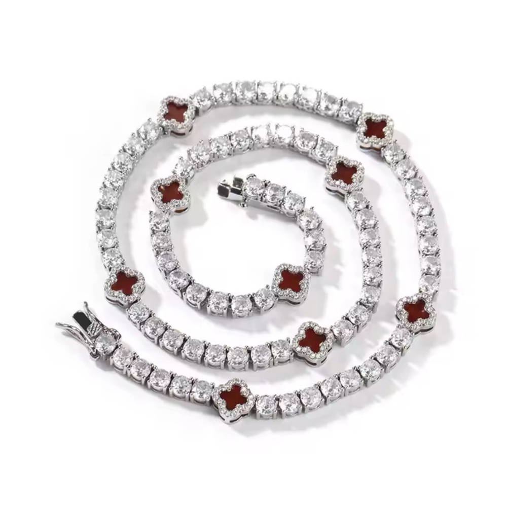 Red Crystals Diamond and Clovers Necklace